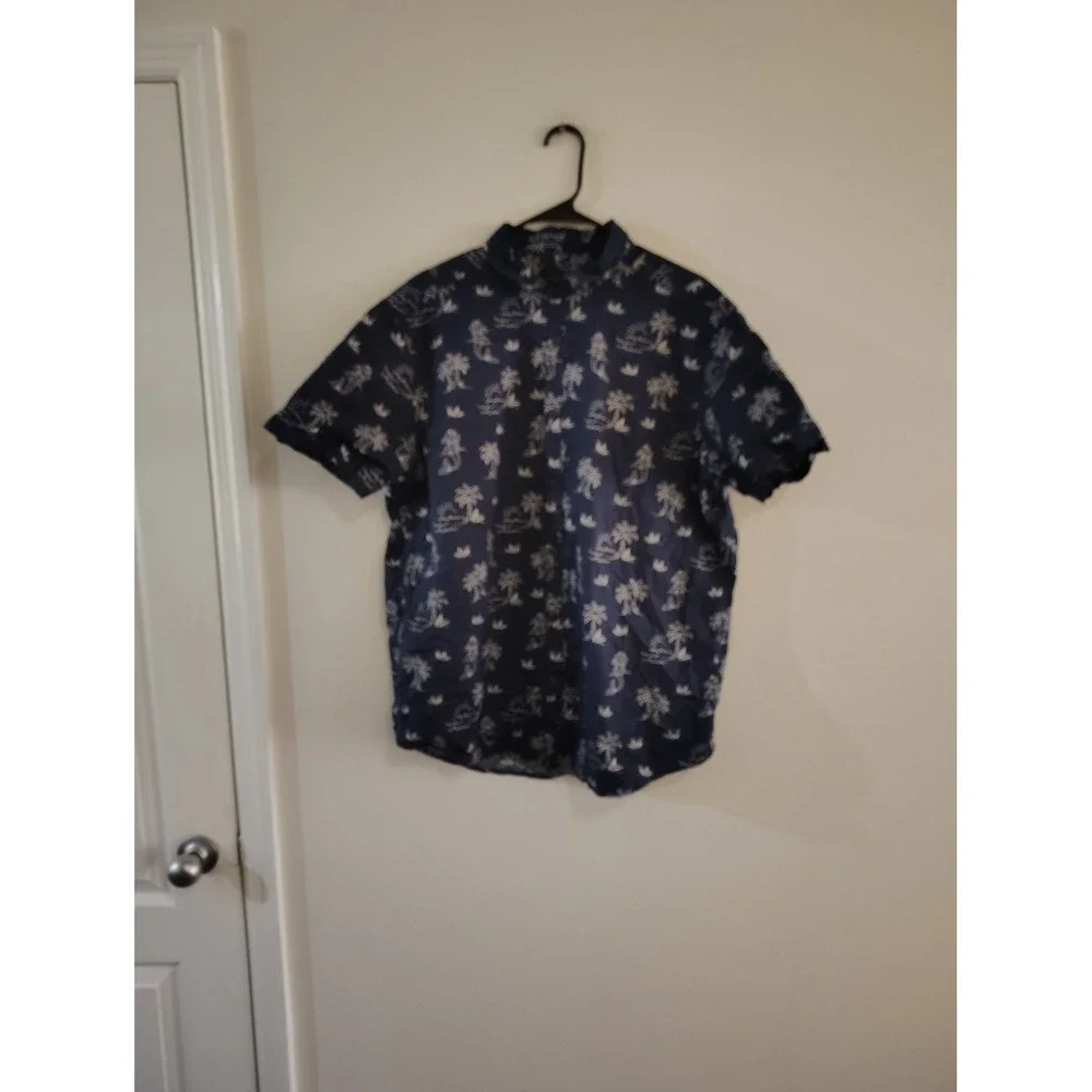 No Boundaries Navy Blue Mermaid Palm Tree Print‎ Button Down Shirt Womens